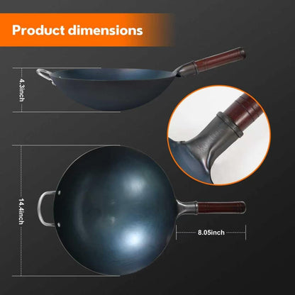 14 Inch Carbon Steel Wok with Lid, round Bottom Wok Pan, Blue Pre-Seasoned Chinese Stir Fry Pan for Open Flame Cooking, Large Traditional Pow Wok for BBQ, Grill, Camping, Home Cooking7
