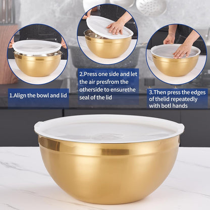 Gold Mixing Bowls with Airtight Lids, Stainless Steel Nesting Mixing Bowls Set of 7, Ideal for Baking, Prepping and Serving Food, Size 7, 3.6, 2.7, 2.1, 1.5, 1.1,0.8 QT, Stackable Design4