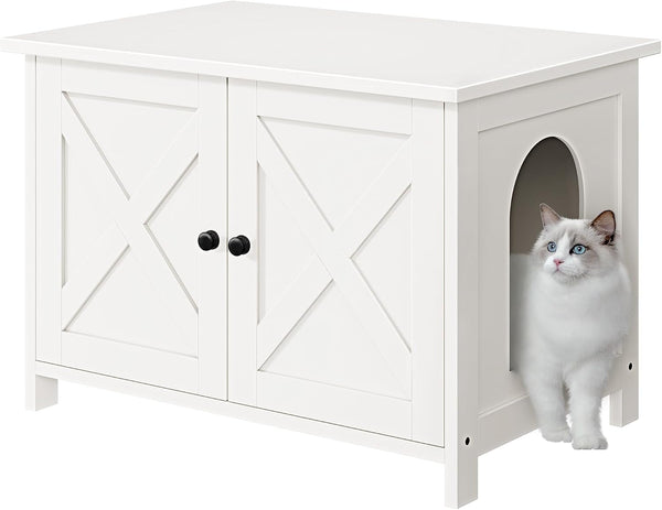 JY QAQA Cat Litter Box Enclosure,Litter Box Furniture Hidden with Barn Door,Wooden Washroom Furniture,Cat House,Fit Most of Litter Box10