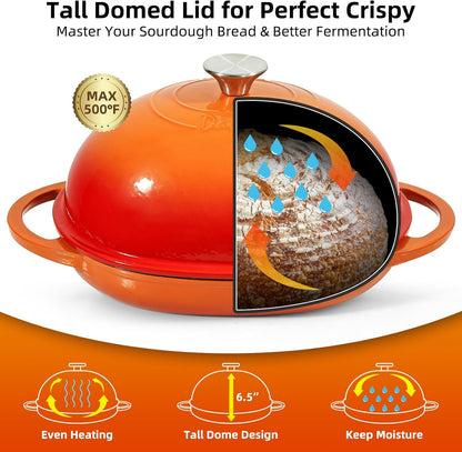 11" X 8.7" Oval Bread Oven with Domed Lid, Enameled Oval Dutch Oven Pot for Sourdough Bread Baking 6QT, Non-Stick Cast Iron Sourdough Pan Bread Cloche with Lid - Flame Orange3