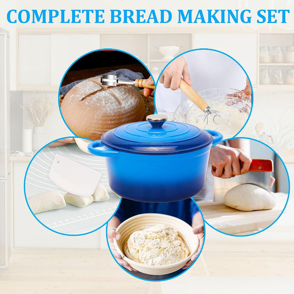 5QT Enameled Cast Iron Bread Oven with Proofing Basket for Bread Baking, Bread Making Supplies Tools,Heavy-Duty Cookware for Braising, Stews, Roasting, Bread Baking (Blue)2