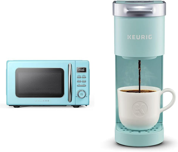 GLCMKZ07BER07 Retro Countertop Microwave Oven with Auto Cook & Reheat, Defrost, Quick Start Functions, Easy Clean with Glass Turntable, Pull Handle.7 Cu Ft, Blue & Keurig K-Mini1