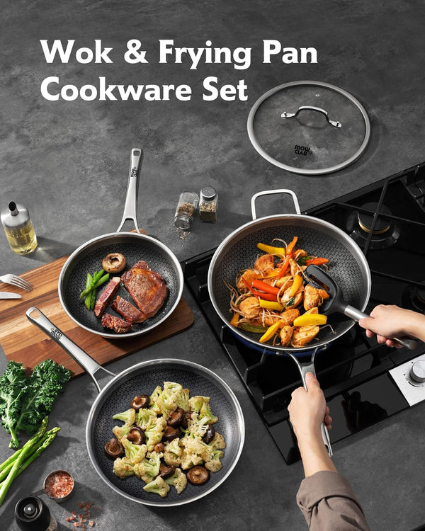 3-Piece Hybrid Stainless Steel Cookware Set-11.99 Inch Wok with Lid,10 Inch Frying Pan,11.99 Inch Skillet with Lid-Non Stick,Pfoa Free,Dishwasher&Oven Safe,Induction Compatible2