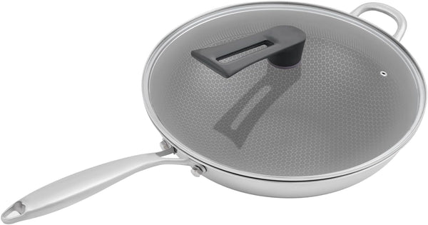 Stainless Steel Honeycomb Wok, Non-Stick Cooking Frying Pan with Lid, Stir-Fry Pan for Gas Stoves, Concave Induction, Ceramic, Electric Stoves (14.2 * 3.7In)1