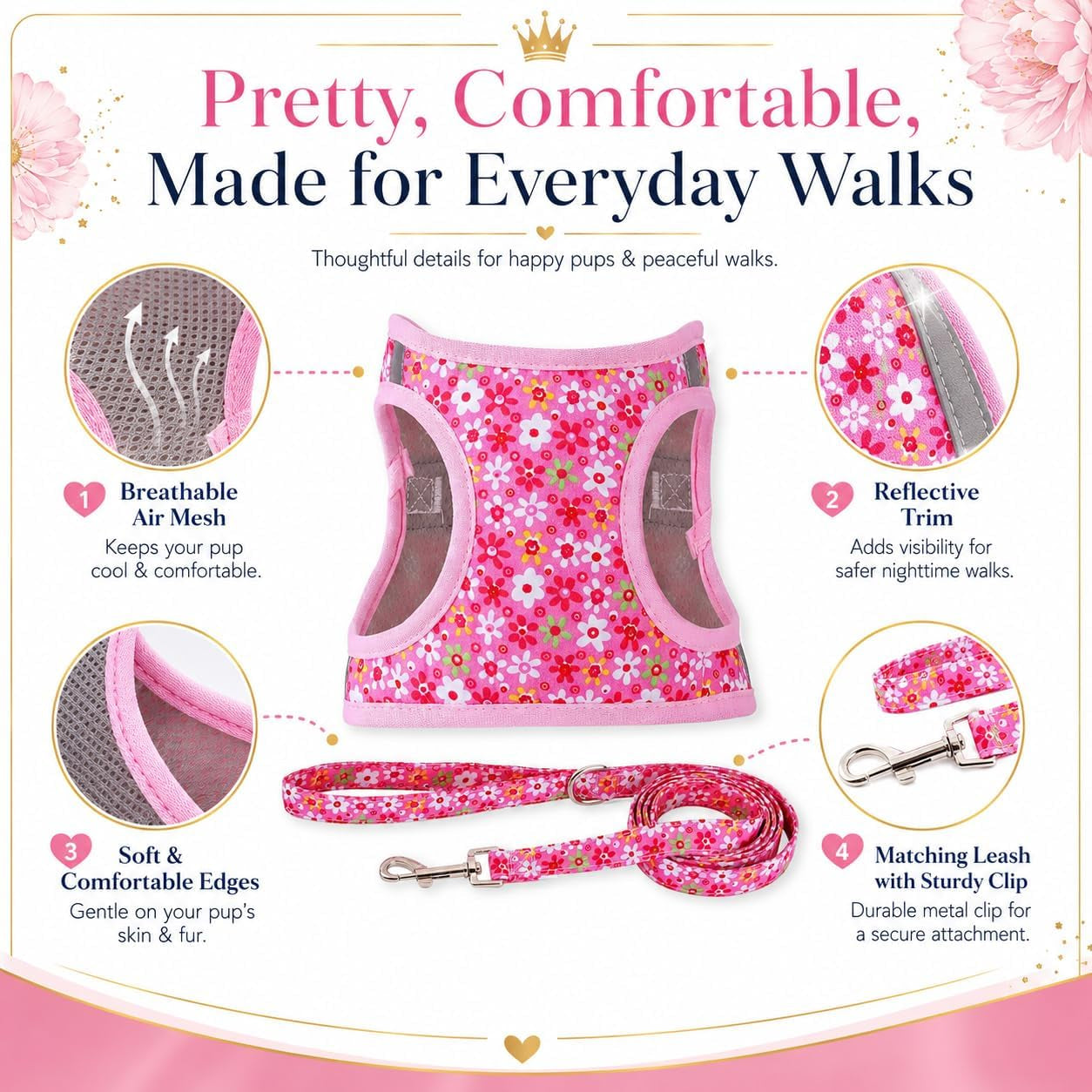 step-in-dog-harness-leash-set-all-weather-reflective-no-pull-floral-pattern-padded-mesh-vest-harness-for-cats-puppy-extra-small-small-medium-large-dogs-pink-flower-s