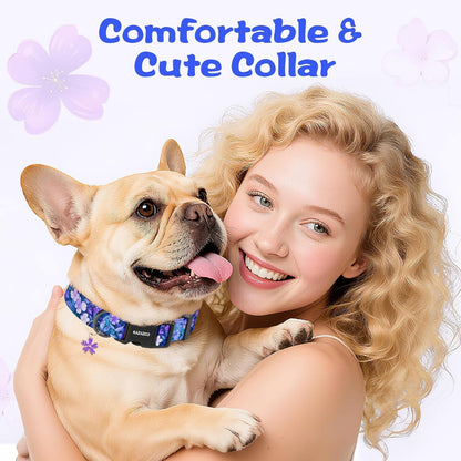 Kazazoo Dog Collar Cute and Soft Nylon Puppy Collar Girl Dogs, Adjustable Purple Dog Collars for Medium Dogs, Purple Flowers-M5