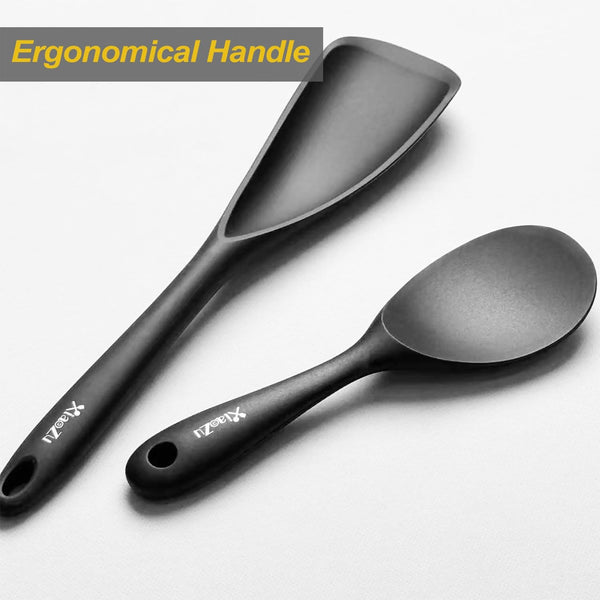 Silicone Cooking Spoon & Rice Scooper Set for Nonstick Cookwares, 2Pc Black | Bpf-Free,Heat Resistant- Seamless Design, Non- Toxic Kitchen Utensils for Cooking, Serving, Mixing, Scoop, Scrape, Stirring6