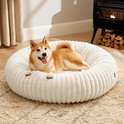 Bedsure Comfyfleece™ Donut Large Dog Bed - Washable Faux Fur with Corduroy Fleece & anti Slip Bottom, round Pet Bed with Removable Cover, Camel Brown, 36X36X8 Inches | 36X36X8In,Calming round Pet Bed,Support Plush , with Removable Corduroy Fleece for Big Dog,Anti Slip Bottom,Camel Brown19