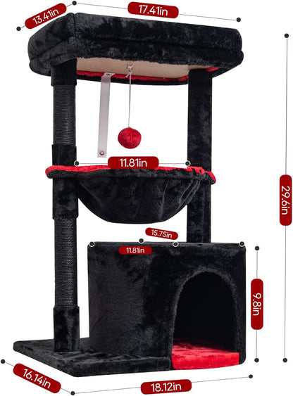 SYANDLVY Gothic Cat Tree with Coffin Bed for Indoor Cats, Modern House | Small Activity Tower with Scratching Post, Condo & Cradle, Kittens Cave, Black & Red2