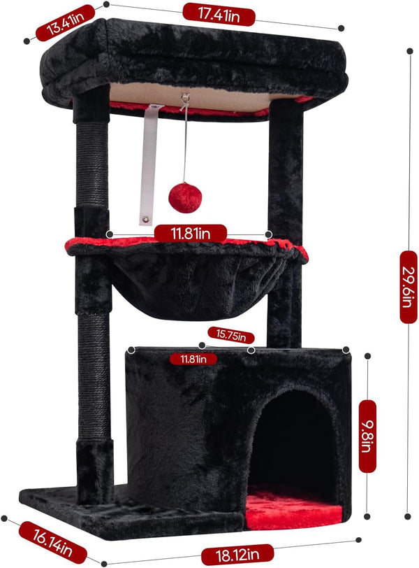SYANDLVY Gothic Cat Tree with Coffin Bed for Indoor Cats, Modern House | Small Activity Tower with Scratching Post, Condo & Cradle, Kittens Cave, Black & Red2