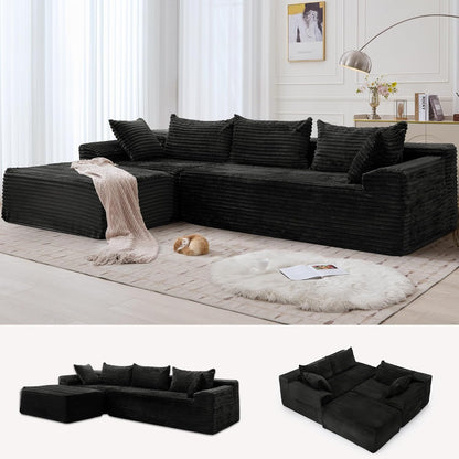 110" Boneless Modular Sectional Sofa with Chaise, L-Shaped Comfy Corduroy Fluffy Couch with Deep Seat and Side Pockets, Flexible Module Combination for Living Room, No Assembly, Side Pockets1