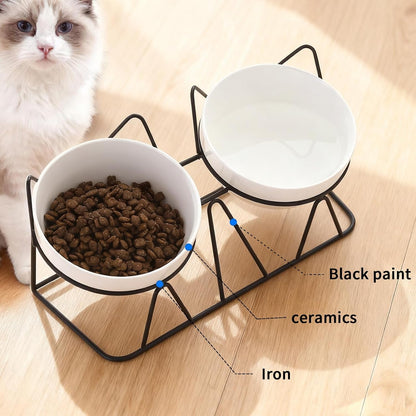 Elevated Cat Food Bowl,Ceramic Raised Water Bowl for Indoor Cats, 15°Tilted Metal Stand anti Vomiting and Protect Spines,Whisker Fatigue Feeding Dishes,Non-Slip and Dishwasher Safe9