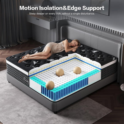 Queen Mattress 12 Inch, Cooling Hybrid Bed in a Box, 7-Zones Individual Pocket Spring, Mattress Queen for Back Pain Relief & Motion Isolation, Fiberglass-Free, Certipur-Us, 365-Night Trial2