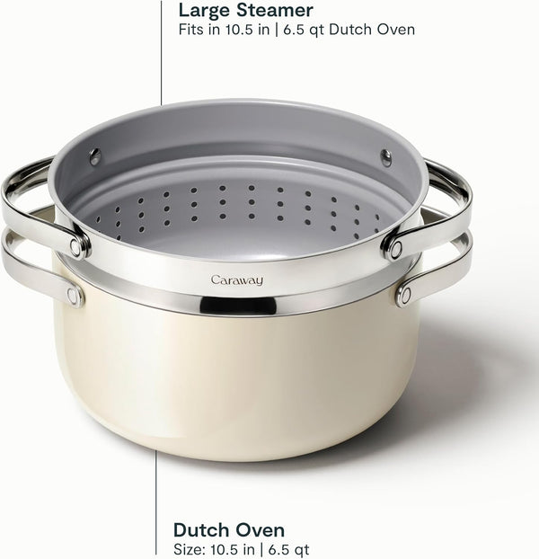 Caraway Non-Stick Ceramic Dutch Oven Pot with Lid & Steamer (6.5 Qt, 10.5") | Non-Toxic, PTFE and PFOA Free, Safe and Compatible with All Stovetops (Gas, Electric and Induction), Cream3