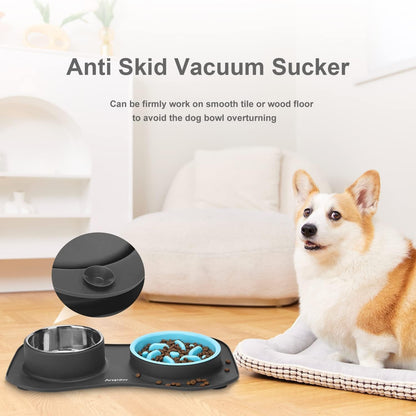Anipaw Slow Feeder Dog Bowls 3 in 1 Stainless Steel Food and Water Bowls with Non-Spill and Skid Silicone Mat to Slow down Eating for Large Medium Small Breed Size Dogs and Cats | Durable, Non-Spill & Non-Skid with Silicone Mat Design, Slow down Eating, Suitable for Small Medium Large Dogs and Cats3