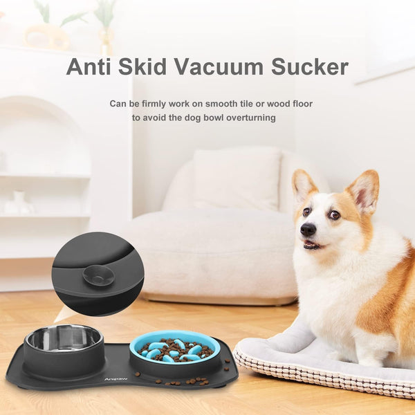 Anipaw Slow Feeder Dog Bowls 3 in 1 Stainless Steel Food and Water Bowls with Non-Spill and Skid Silicone Mat to Slow down Eating for Large Medium Small Breed Size Dogs and Cats | Durable, Non-Spill & Non-Skid with Silicone Mat Design, Slow down Eating, Suitable for Small Medium Large Dogs and Cats3