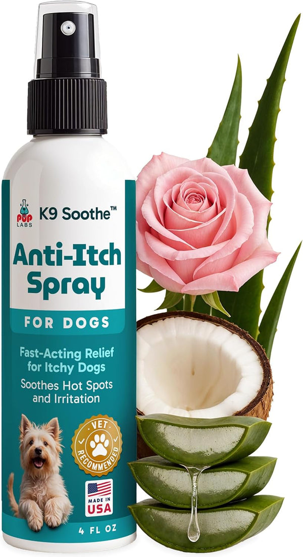 Pup Labs K9 Soothe anti Itch Spray for Dogs with Aloe, Rose, & Coconut, Natural Hot Spot Treatment for Dogs That Soothes Irritation, Pet Skin Treatment Spray, 4 FL OZ1