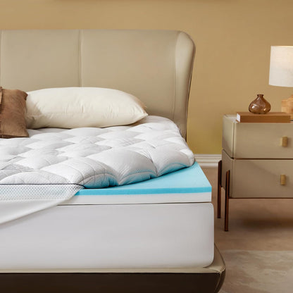 Queen Mattress Topper 4-Inch Dual Layer Memory Foam Mattress Topper | Mattress Topper for Back Pain, Dual Layer Medium Support (2" Gel Memory Foam + 2" Cooling Fluffy Pillow Top Pad), White2