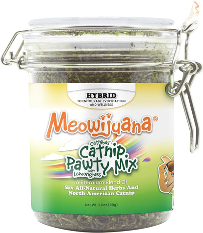 Meowijuana Catnibas Catnip Pawty Mix Jar | High Potency Catnip Blend | Organic Hand-Harvested North American Catnip Blend for Cats; Fine-Ground for Toys, Beds & Scratchers; Play or Calm10