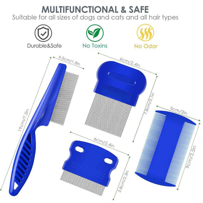 4 Pack Flea Lice Comb, Stainless Steel Dog Cat Grooming Combs with Rounded Teeth, Double Sided Professional Pet Tear Stain Remover, Dematting Tool for Small, Medium & Large Pets6