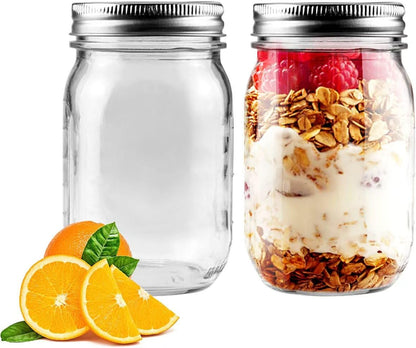 2 Pack 16Oz Regular Mouth Glass Mason Jars, Airtight Lids for Canning | Clear Glass Storage Jars, Dishwasher Safe. Great for Meal Prep, Overnight Oats, DIY Homemade Gifts and Pantry Organization1