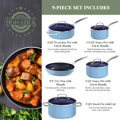 9Pc Cookware Set Healthy Duralon Blue Ceramic Nonstick Coated | Diamond Infused Scratch-Resistant, PFAS Free, Oven Safe, Induction Ready, Evenly Heats, Tempered Glass Lids, Stay-Cool Handle2