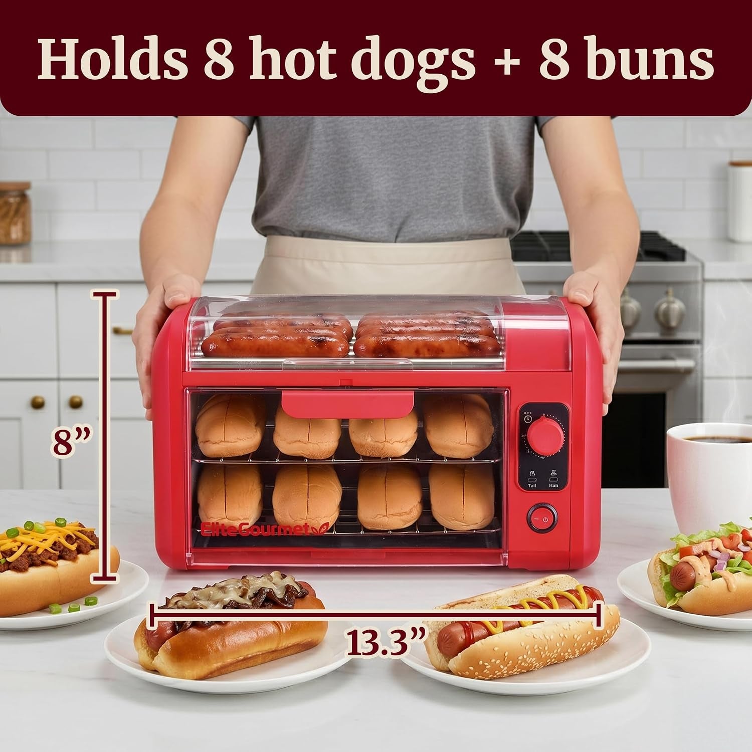 8-hot-dog-roller-toaster-oven-5-rollers-auto-shut-off-red-30-min-timer-stainless-steel-rollers-2-warming-racks-bun-warmer-drip-pan-cooks-brats-sausages-taquitos