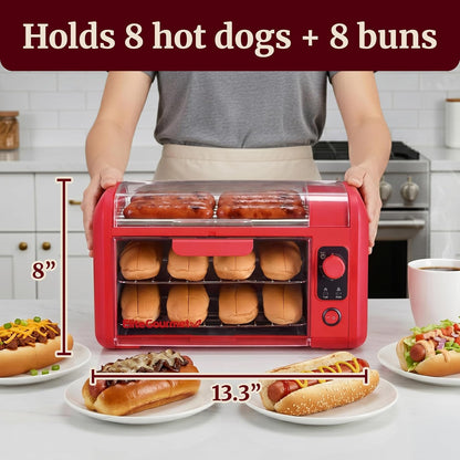 8-Hot Dog Roller/Toaster Oven, 5 Rollers, Auto Shut-Off, Red | 30-Min Timer, Stainless Steel Rollers, 2 Warming Racks, Bun Warmer & Drip Pan - Cooks Brats, Sausages & Taquitos2