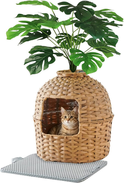 SETVSON Cat Litter Box Plant Furniture Enclosure, Rattan PE House, Natural | Decorative Planter Design, Removable Top for Easy Cleaning, Includes Artificial Plants, Real Stones, 20 X 20 Inches13