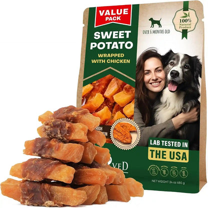 Beloved Pets Sweet Potato Dog Treats & Healthy Chicken Chews 10.6 Oz - Puppy Snacks & Soft Bones for Large, Medium & Small Breeds - Natural Dog Food & Grain-Free, Rawhide-Free Training Jerky Wraps11