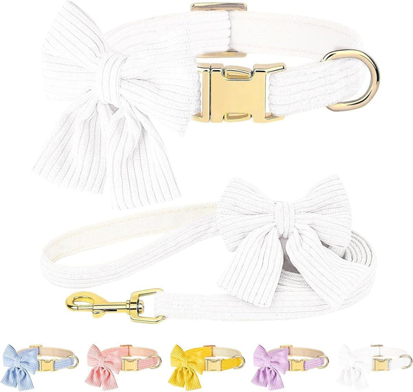 Dog Collar and Leash Set with Bowtie, Soft & Cute Puppy Collar, Cotton Puppy Collar with Adjustable Metal Buckle for Small, Medium Dog (Pink, Size S: Neck 10"-16")15