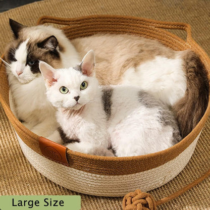 Handwoven Cotton Rope Cat Bed - Breathable & Easy to Clean, Foldable Scratchable Hammock with Cat Ear Design, with a Playing Ball for Kittens - Large Brown3