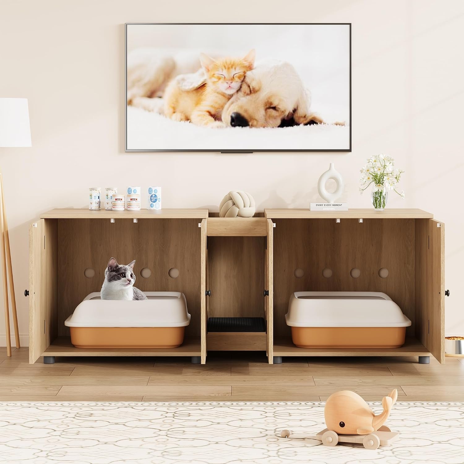 garvee-55-1-double-litter-box-enclosure-boho-cat-box-furniture-for-2-cats-cat-litter-box-furniture-hidden-with-cat-scratch-pad-large-indoor-pet-house-with-double-room-wood-color-double-room-design-fits-most-litter-boxes-built-in-litter-mat-double-roller-latch-storage-cubby-ventilated-cabinets