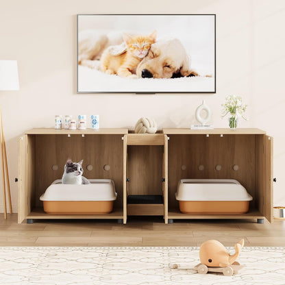 Garvee 55.1" Double Litter Box Enclosure, Boho Cat Box Furniture for 2 Cats, Cat Litter Box Furniture Hidden with Cat Scratch Pad, Large Indoor Pet House with Double Room, Wood Color | Double Room Design, Fits Most Litter Boxes, Built in Litter Mat, Double Roller Latch, Storage Cubby, Ventilated Cabinets2