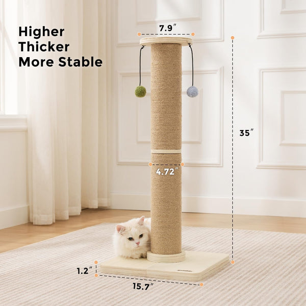 ZOMISIA 35'' Tall Cat Scratching Post for Indoor Cats Adults | 4.7'' Large Scratch Post, Thicken Wooden Base, Sisal Scratcher Top & Dangling Balls, Super Sturdy4