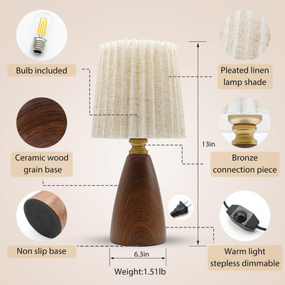 Small Pleated Table Lamp for Bedroom, Bedside Lamps for Nightstand, Dimmable Desk Lamp Ceramic Wood Grain Base round Flaxen Fabric Shade for Living Room, Kids Room,Led Bulb Included(Art Deco)2
