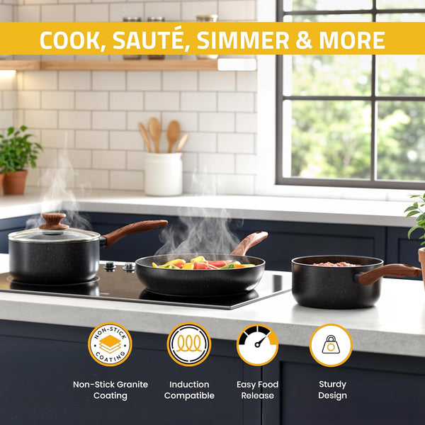 Granite Pots and Pans Cookware Set 8 Piece Pfoa-Free | 1 Qt 2 Qt 3 Qt Sauce Pan with Lids, 11 Inch 8 Inch Frying Pan, Induction Compatible, Non-Stick Coating, Durable Cookware4