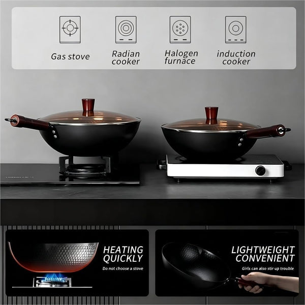 12 Inch Carbon Steel Wok with Lid, Pre-Seasoned Flat Bottom Wok Pan, 5.5QT Nonstick Chinese Woks & Stir-Fry Pans for Induction, Gas, Electric Stovetop, Uncoated No Chemical (11.81-In(9Pc))6
