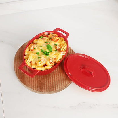 Ceramic Mini Oval Cocotte Set, 10 Ounces Small Casserole Dishes with Lids and Handles, Individual Baking Ramekins, Oven, Microwave & Dishwasher Safe, Red 7.1 Inch8