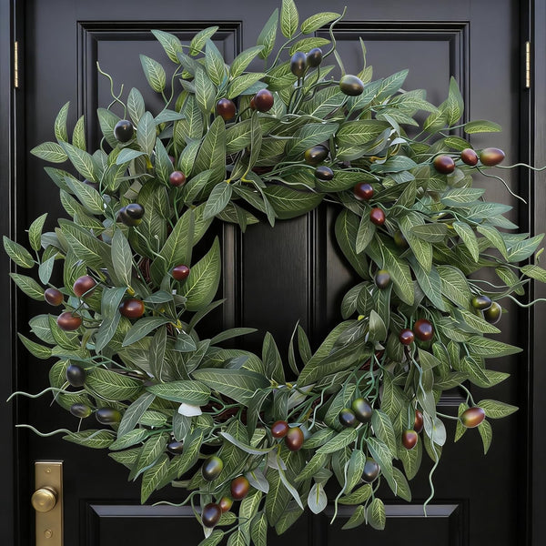 Olive Wreaths 20 Inch Wreath for Front Door with Purely Handmade Realistic Dense Olive Leaf Olive Berry, Elegant Home Decor Wreath Ideal for Front Doors, Hallways, Any Area You Want to Brighten1