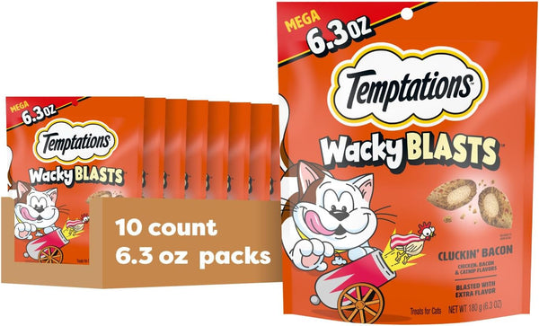 Temptations Wacky Blasts Cat Treats, Cluckin' Bacon Flavor, 6.3 Oz, 10 Pack | Chicken, Bacon & Catnip Flavor Bits, Crunchy Outside, Soft Inside, under 2 Cal, 100% Complete & Balanced, Resealable Pouch1