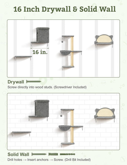 5-In-1 Cat Wall Shelves, Solid Wood Cat Wall Furniture Set for Indoor Cats | 44 Lb per Shelf, 72-Hour Load Tested, Pre-Drilled, Fits 16 In. Stud Drywall & Solid Walls, for Small to Medium Cats7