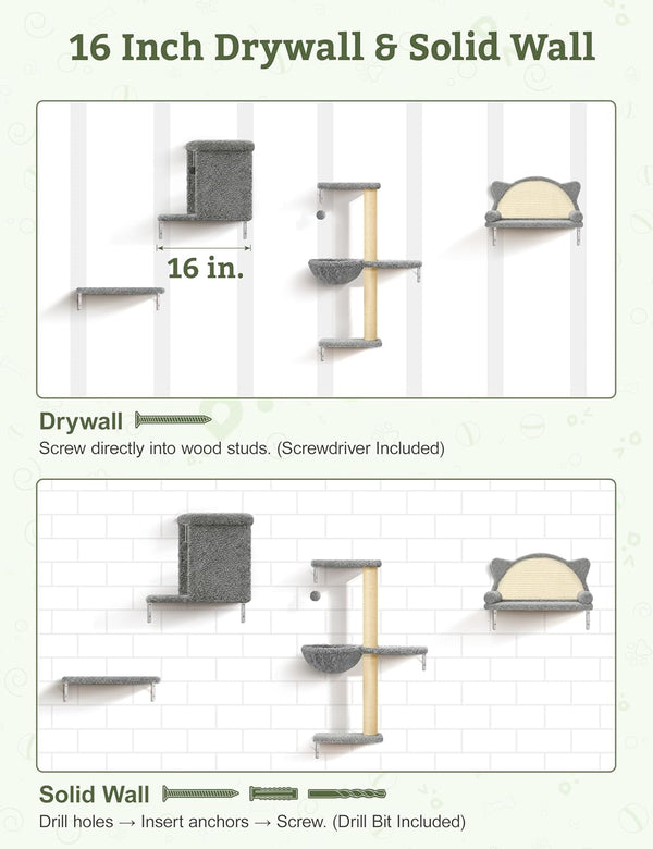 5-In-1 Cat Wall Shelves, Solid Wood Cat Wall Furniture Set for Indoor Cats | 44 Lb per Shelf, 72-Hour Load Tested, Pre-Drilled, Fits 16 In. Stud Drywall & Solid Walls, for Small to Medium Cats7