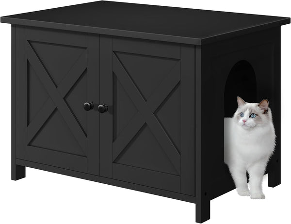 JY QAQA Cat Litter Box Enclosure,Litter Box Furniture Hidden with Barn Door,Wooden Washroom Furniture,Cat House,Fit Most of Litter Box9