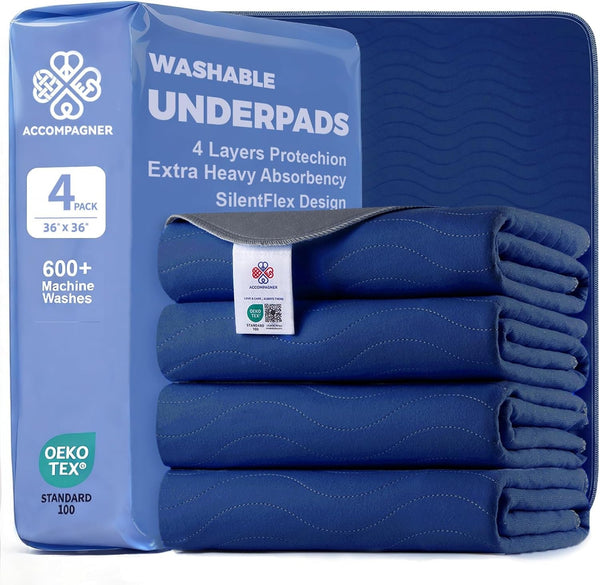 Accompagner Incontinence Bed Pads Washable Waterproof, Ultra-Absorbent Reusable Underpads for Diaper Changing, Nursing, Bedridden, Adults, Seniors, Kids and Dogs (Blue, 24"X24"(Pack of 6))33