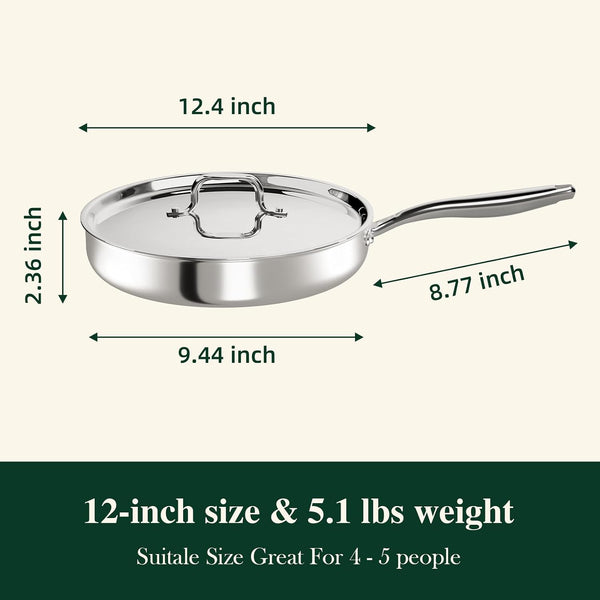12 Inch Tri-Ply Stainless Steel Frying Pan, Frying Pan with Lid, PFOA/PTFE Free Skillet, Induction Cooking Pans, Dishwasher & Oven Broiler Safe 600F, Professional Cookware, Heavy Duty & Even Heat8