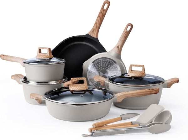 Pots and Pans Set Nonstick, Cast Aluminum Kitchen Cookware Set with Utensils, 14 Pcs Non Stick Cooking Set W/Frying Pans & Saucepans, Grey1