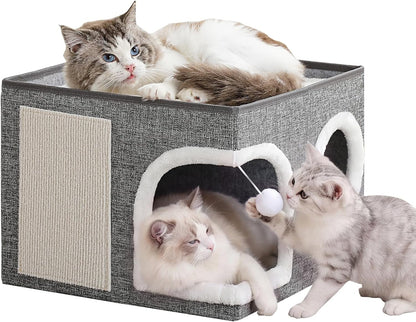 Cat Beds for Indoor Cats,Large Cat Cave House with Scratch Pad and Fluffy Ball,Foldable Cat Condo Hideaway, Modern Kitten Bed, Grey1