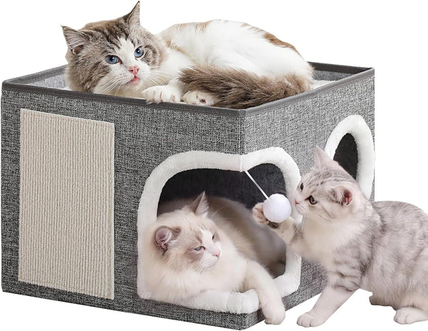 Cat Beds for Indoor Cats,Large Cat Cave House with Scratch Pad and Fluffy Ball,Foldable Cat Condo Hideaway, Modern Kitten Bed, Grey1