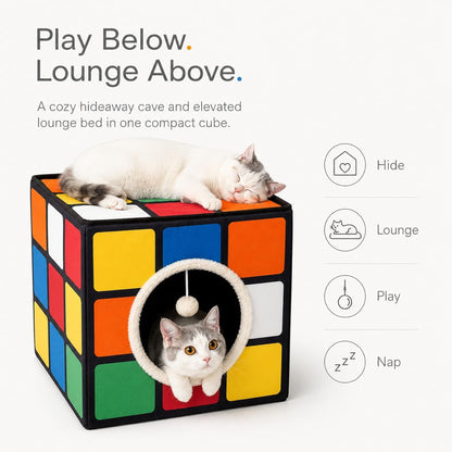 Cat Condo House with Reversible Cushions and Fluffy Ball Hanging, Foldable Magic Cube, Large Cave Bed for Indoor Cats, Unique Puzzle Shape Lagre 16.5“ X 16.5" X 16.5”2